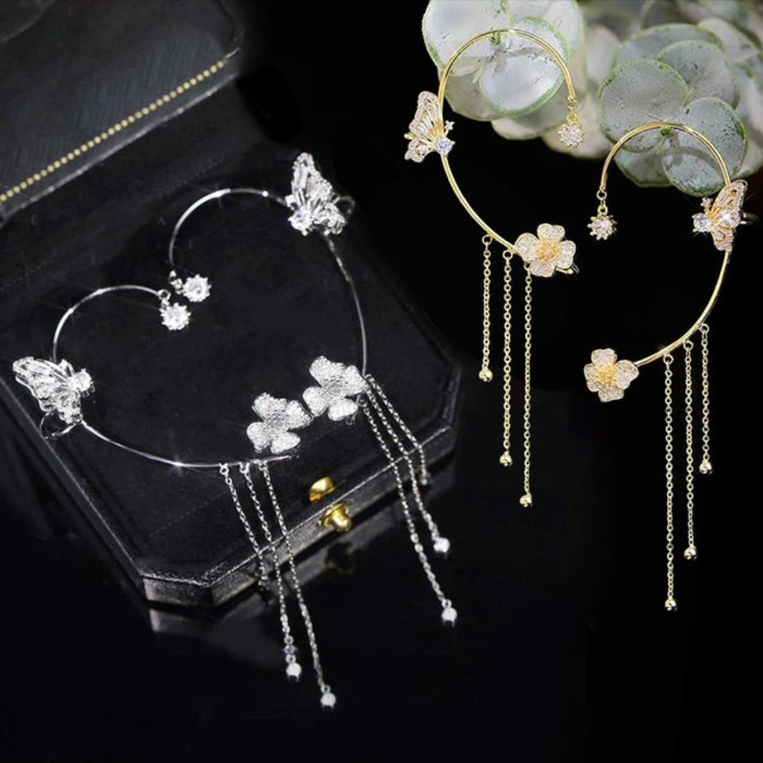 Elegante Schmetterling Ohrringe, gold und silber, mit Blumenanhänger, modischer Schmuck.