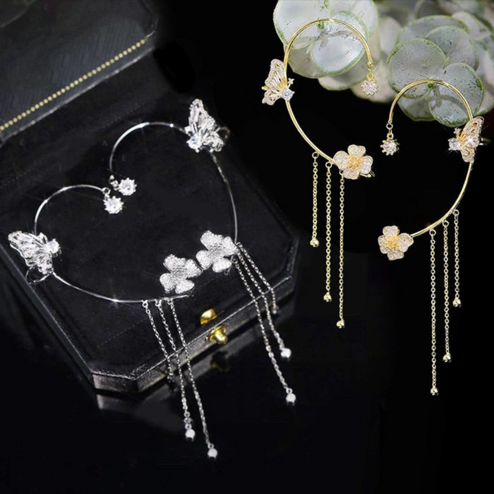 Elegante Schmetterling Ohrringe, gold und silber, mit Blumenanhänger, modischer Schmuck.