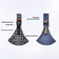 Zwei ergonomische Babytragen, schwarz-weiß und blau kariert, mit Sicherheitsverschluss.