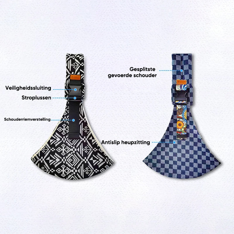 Zwei ergonomische Babytragen, schwarz-weiß und blau kariert, mit Sicherheitsverschluss.