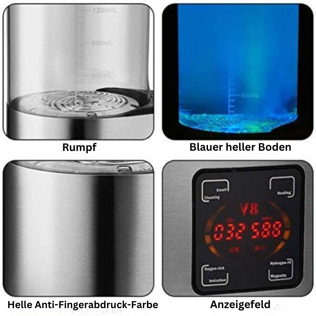 Elektrischer Wasserkocher, Edelstahl, blau beleuchteter Boden, digitales Display, 1200ml.