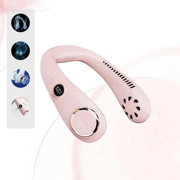 Rosa tragbarer Nackenventilator, USB-aufladbar, leise, für Reisen und Sport.