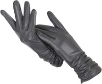 Schwarze Damenlederhandschuhe, elegant, lang, aus weichem Leder, ideal für Wintermode.