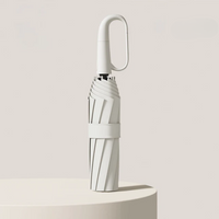 Kompakter weißer Regenschirm mit Haken, faltbar, stilvolles Design, ideal für unterwegs.