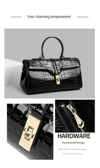 Schwarze Damenhandtasche aus Leder mit Krokodilprägung, goldener Verschluss, elegant und stilvoll.