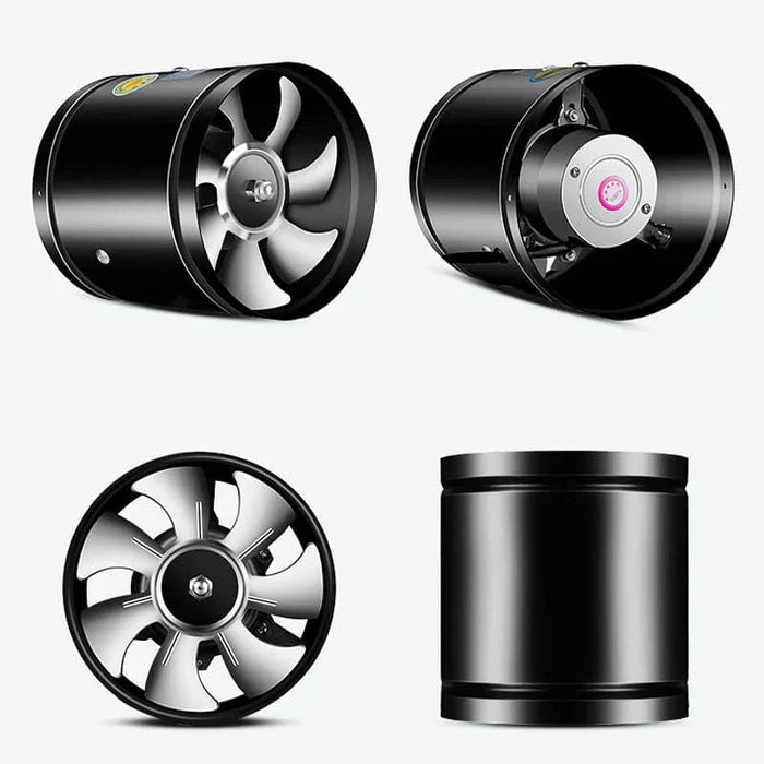 Schwarzer Inline-Ventilator, leise, energieeffizient, für Belüftungssysteme, 4 Ansichten.