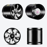 Schwarzer Inline-Ventilator, leise, energieeffizient, für Belüftungssysteme, 4 Ansichten.