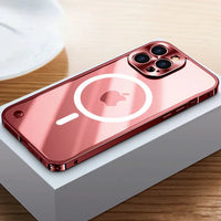 Rosa iPhone-Hülle mit MagSafe, glänzend, auf Holztisch, modernes Smartphone-Zubehör.