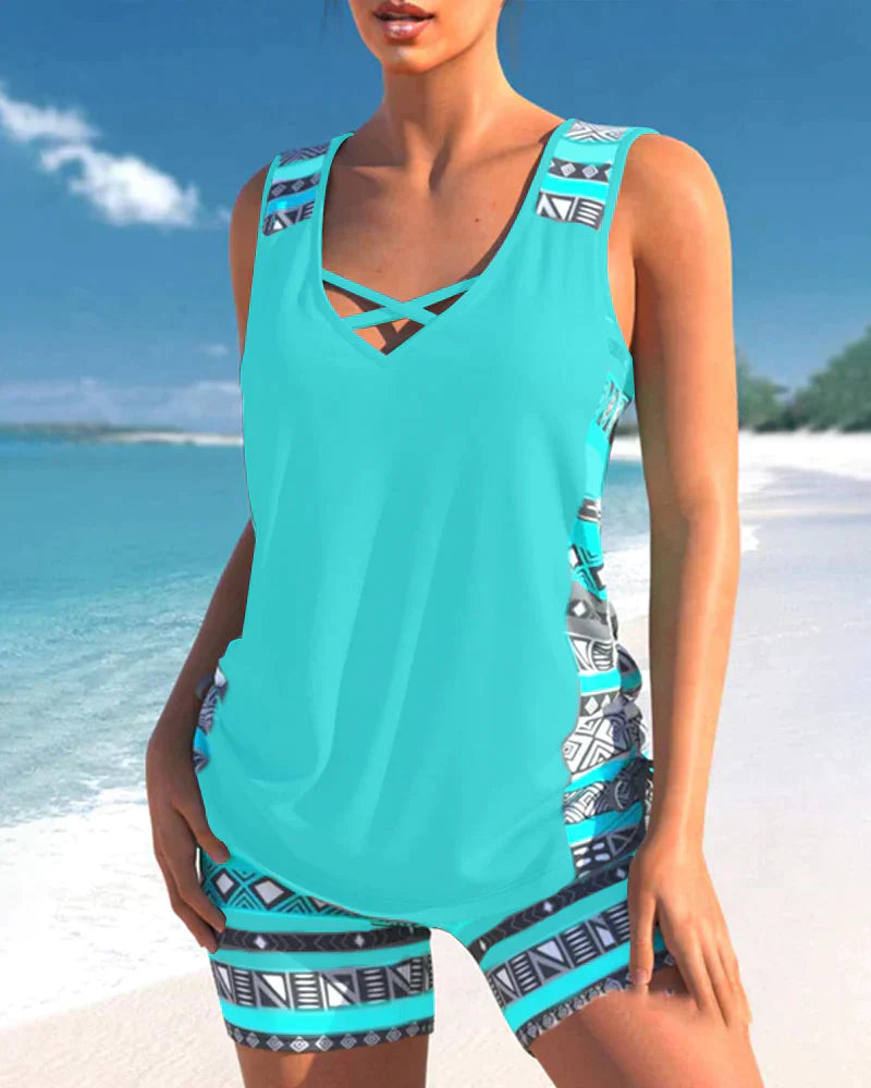Trendige Bademode mit V-Ausschnitt & geometrischem Muster – Tankini-Set Madonna
