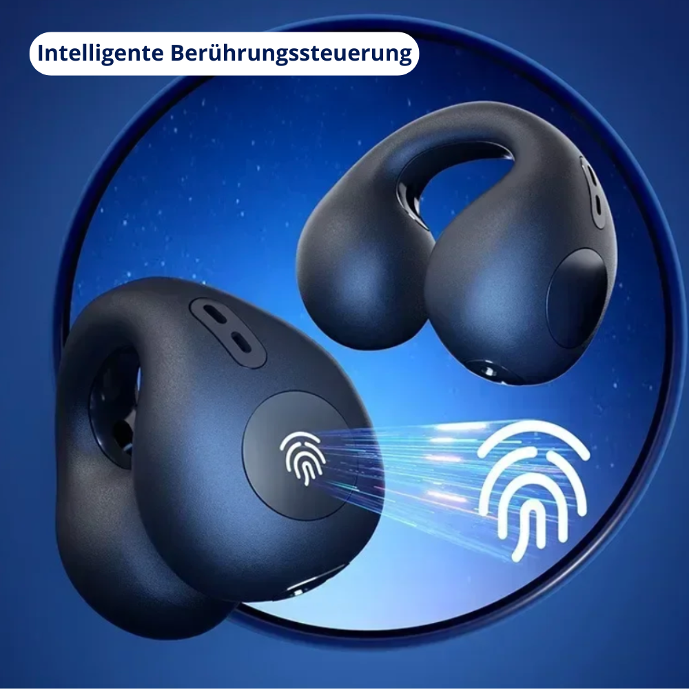 Schwarze kabellose Ohrhörer mit Touch-Steuerung, ergonomisches Design, Bluetooth-kompatibel.