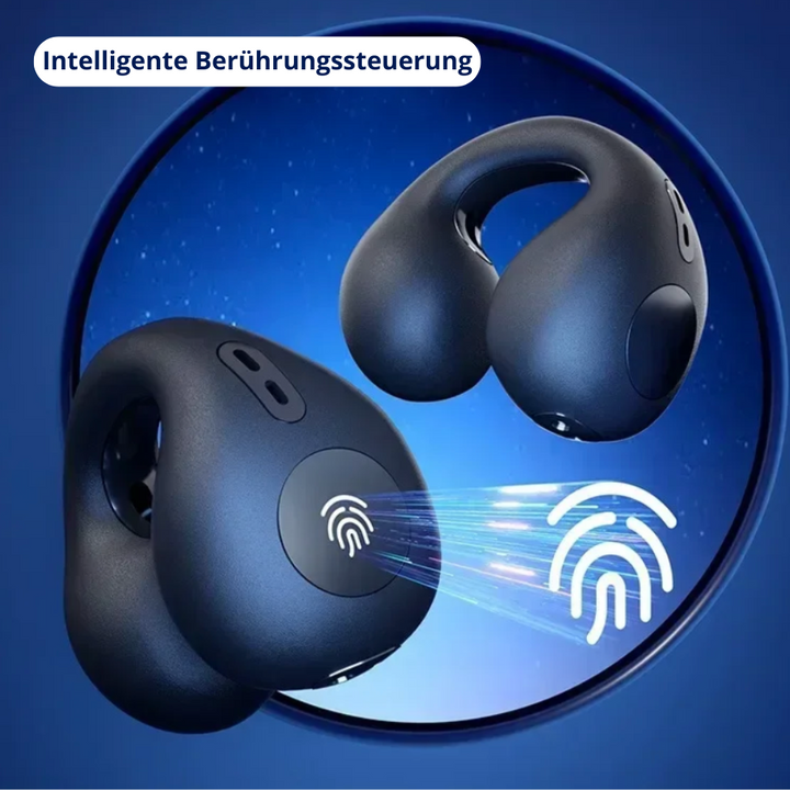 Schwarze kabellose Ohrhörer mit Touch-Steuerung, ergonomisches Design, Bluetooth-kompatibel.