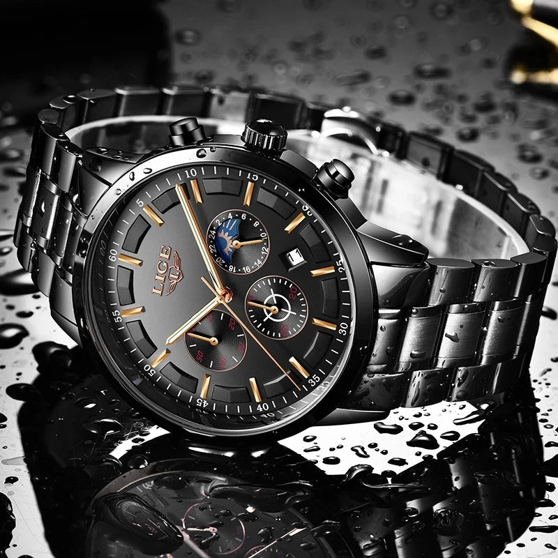 Schwarze Edelstahl-Herrenuhr mit Chronograph, wasserdicht, LIGE, luxuriöses Design.