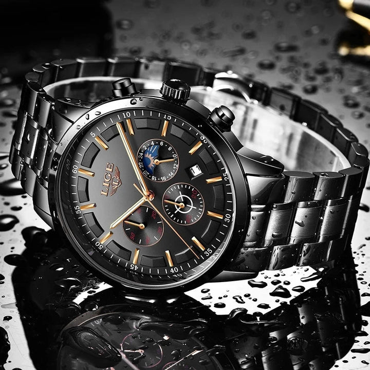 Schwarze Edelstahl-Herrenuhr mit Chronograph, wasserdicht, LIGE, luxuriöses Design.
