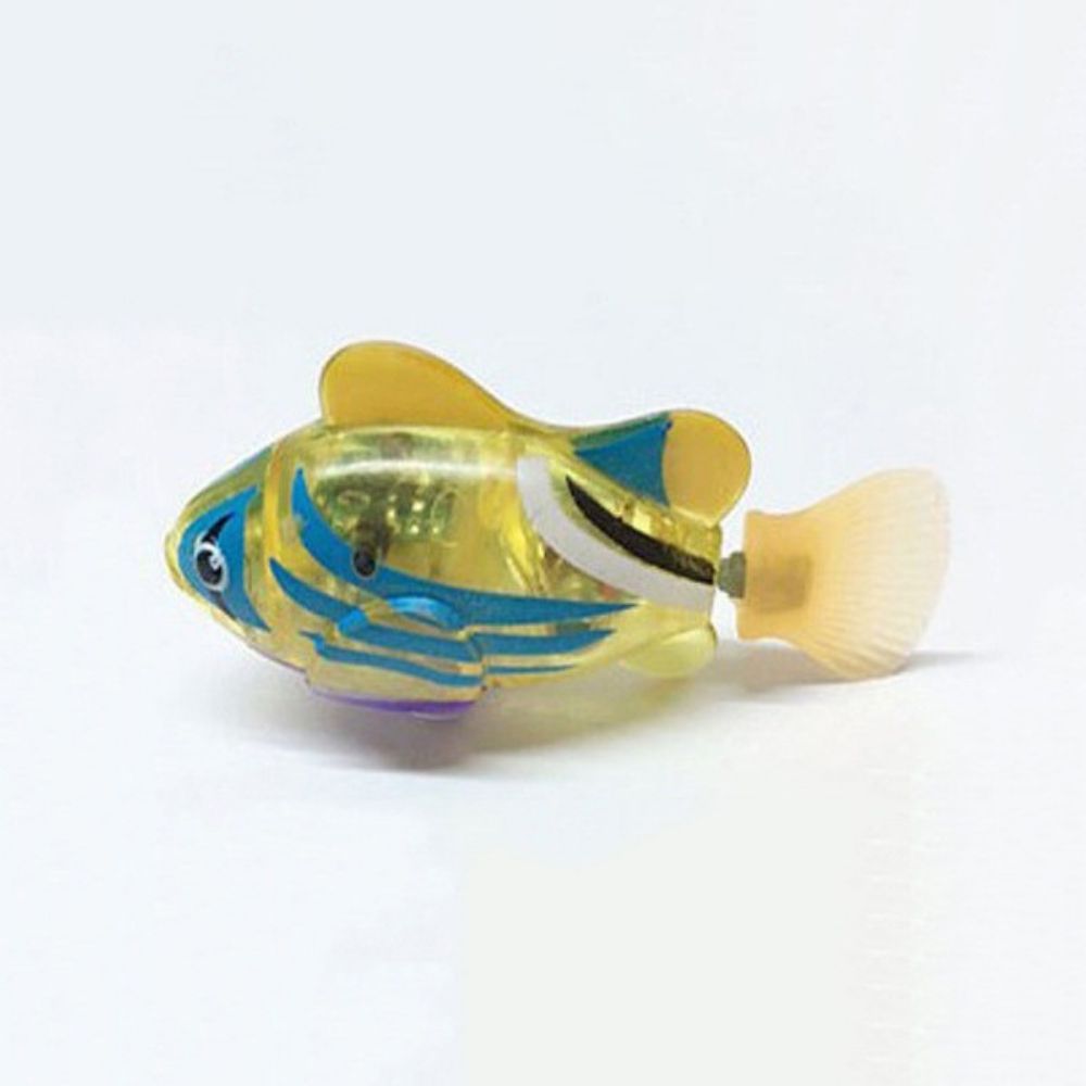Gelber Roboterfisch mit blauen Streifen, batteriebetriebenes Spielzeug, Kunststoff, Aquarium.