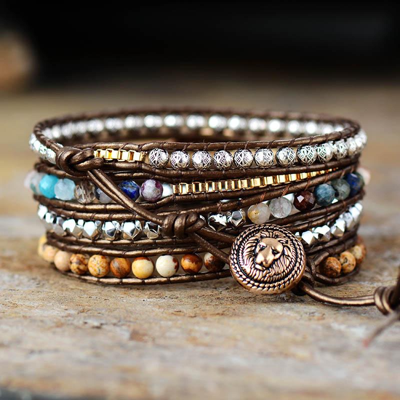 Boho Lederarmband mit Halbedelsteinen, 5-reihig, handgefertigt, braun, Damen Schmuck.
