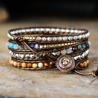 Boho Lederarmband mit Halbedelsteinen, 5-reihig, handgefertigt, braun, Damen Schmuck.