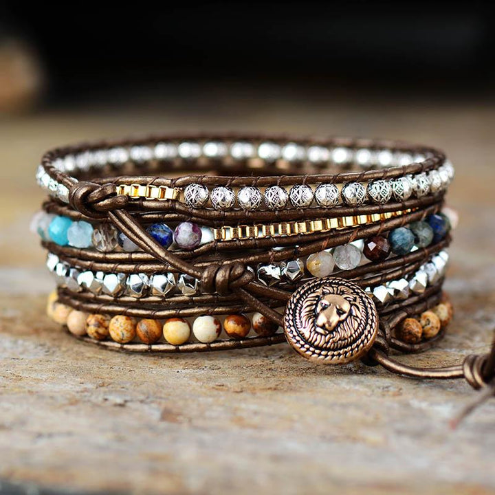 Boho Lederarmband mit Halbedelsteinen, 5-reihig, handgefertigt, braun, Damen Schmuck.