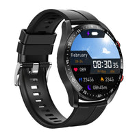 Schwarze Smartwatch mit rundem Display, Fitness-Tracker, Herzfrequenzmesser, Datum und Uhrzeit.
