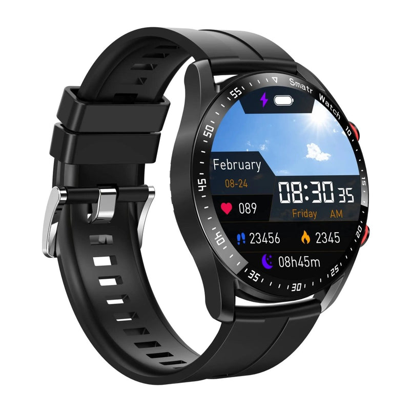 Schwarze Smartwatch mit rundem Display, Fitness-Tracker, Herzfrequenzmesser, Datum und Uhrzeit.