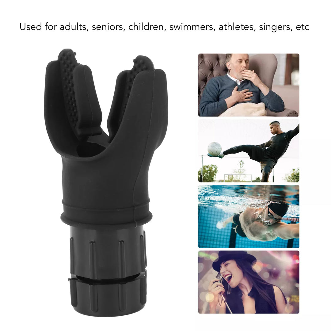 Schwarzes Atemtrainingsgerät aus Silikon für Sportler und Sänger, ergonomisches Design.
