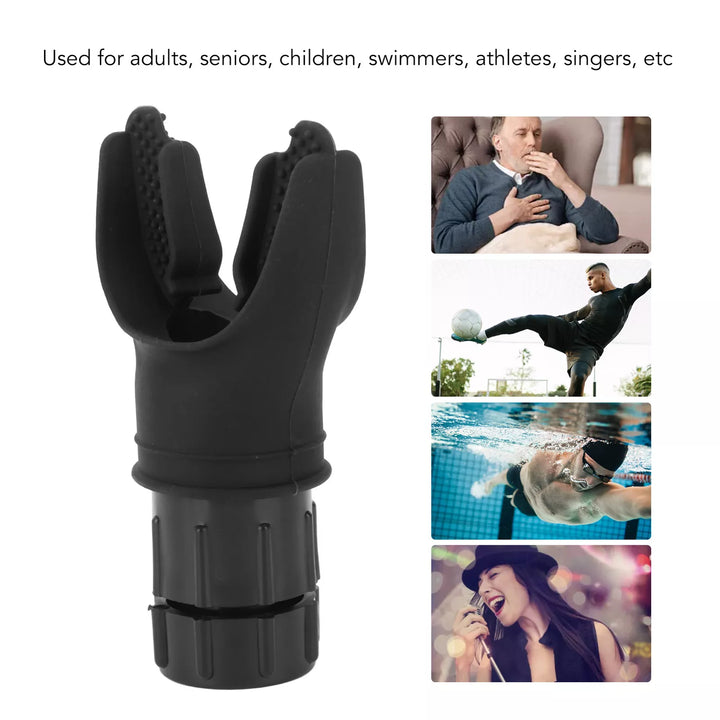 Schwarzes Atemtrainingsgerät aus Silikon für Sportler und Sänger, ergonomisches Design.