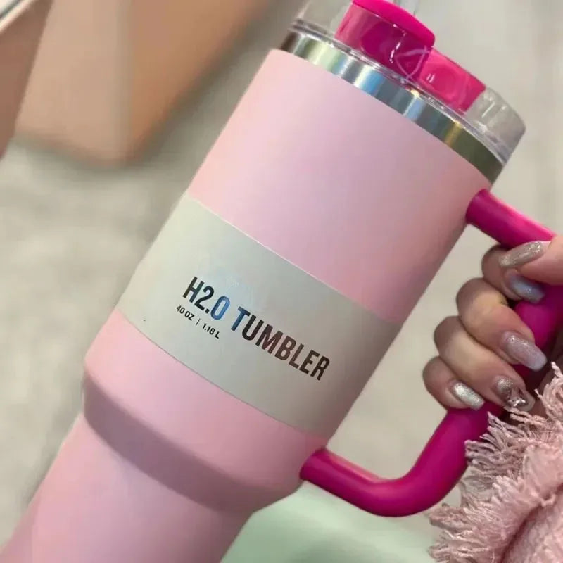 Rosa H2O-Tumbler, 1,18L, Edelstahl, isoliert, mit Griff, ideal für kalte und heiße Getränke.