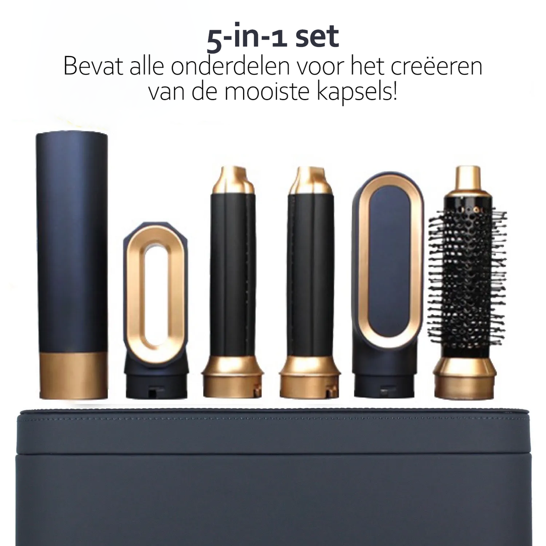 5-in-1 Haarstyling-Set, schwarz-gold, mit Aufsätzen, für vielseitige Frisuren.