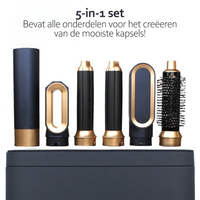 5-in-1 Haarstyling-Set, schwarz-gold, mit Aufsätzen, für vielseitige Frisuren.