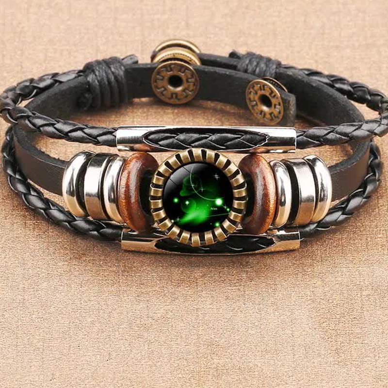 Schwarzes Lederarmband mit grünem Stein, Vintage-Stil, verstellbar, Unisex-Schmuck.