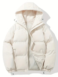 Weiße Daunenjacke mit Kapuze, Reißverschluss, warm, Wintermode, Unisex, Outdoor-Bekleidung.