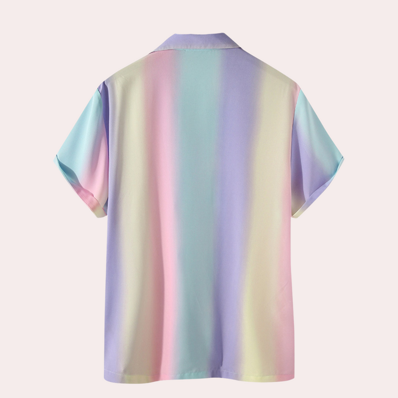 Kurzarmhemd in Pastellfarben, Regenbogenmuster, Unisex, Sommermode, Polyester.