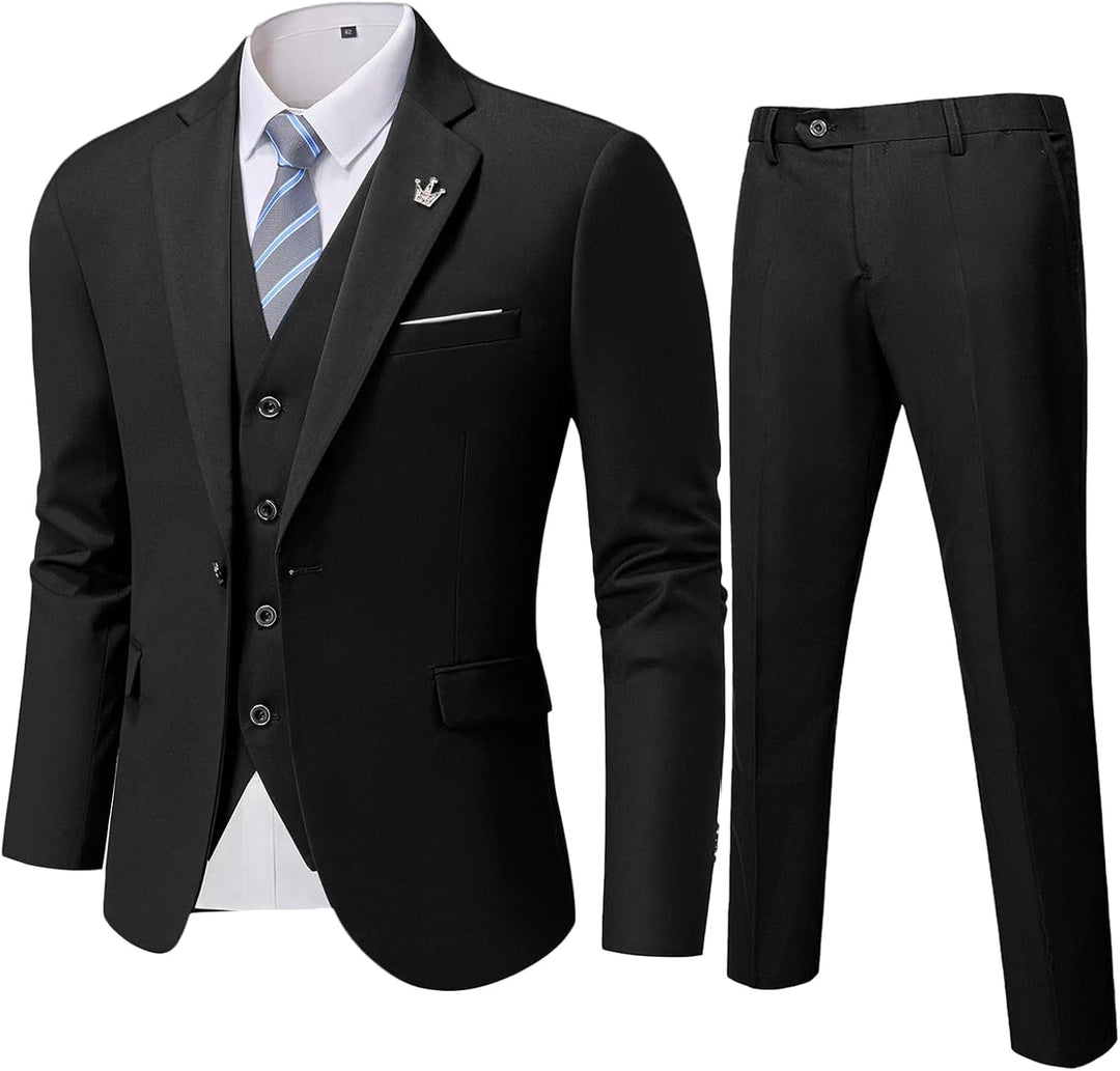Schwarzer Herrenanzug mit Weste, Krawatte und Hose, elegantes Business-Outfit.