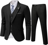 Schwarzer Herrenanzug mit Weste, Krawatte und Hose, elegantes Business-Outfit.