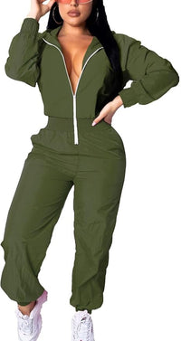 Damen Jumpsuit, olivgrün, Reißverschluss, langärmelig, Freizeitmode, sportlich, bequem.