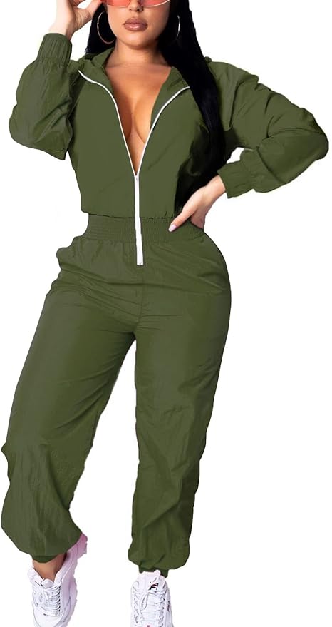 Damen Jumpsuit, olivgrün, Reißverschluss, langärmelig, Freizeitmode, sportlich, bequem.