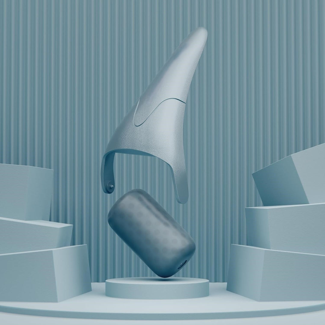 Futuristisches graues Designobjekt, schwebend, vor blauem Hintergrund, modernes Interieur.