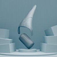 Futuristisches graues Designobjekt, schwebend, vor blauem Hintergrund, modernes Interieur.