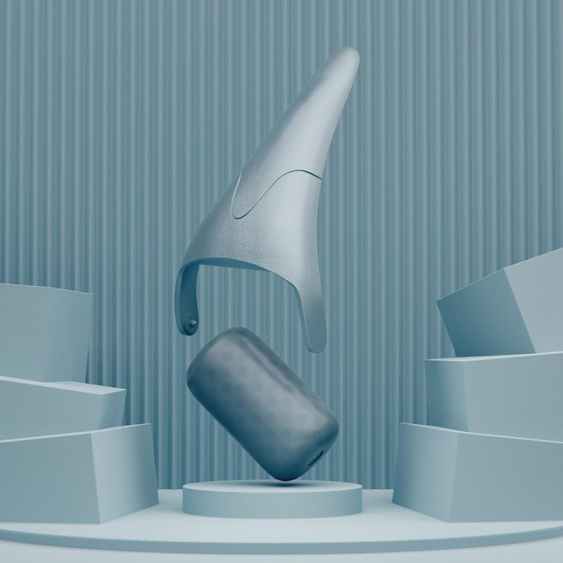 Futuristisches graues Designobjekt, schwebend, vor blauem Hintergrund, modernes Interieur.