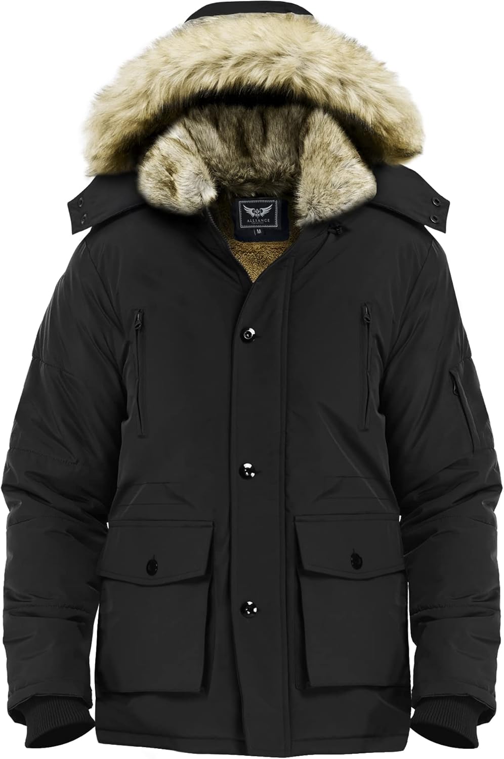 Schwarze Winterjacke mit Kunstfellkapuze, warm, wasserdicht, Herrenmode, Outdoor-Bekleidung.