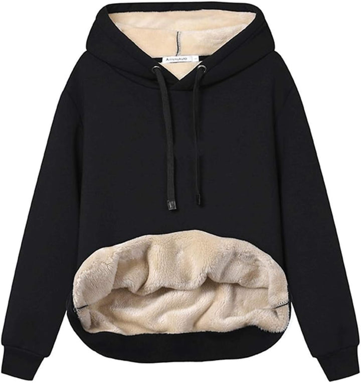 Schwarzer Kapuzenpullover mit beigem Fleecefutter, Damenmode, Winterkleidung, warm und bequem.