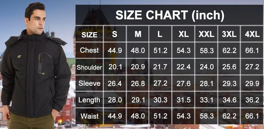 Männer Winterjacke Schwarz, wasserdicht, mit Kapuze, Größen S-4XL, Größentabelle inklusive.