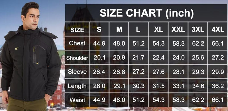 Männer Winterjacke Schwarz, wasserdicht, mit Kapuze, Größen S-4XL, Größentabelle inklusive.