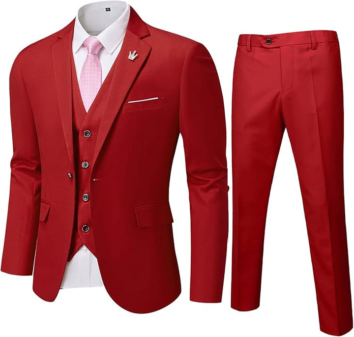 Roter Herrenanzug mit Weste und Krawatte, elegantes Design, ideal für formelle Anlässe.