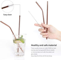 Wiederverwendbare Edelstahlstrohhalme, gebogen, mit Reinigungsbürste, BPA-frei, in Glas.