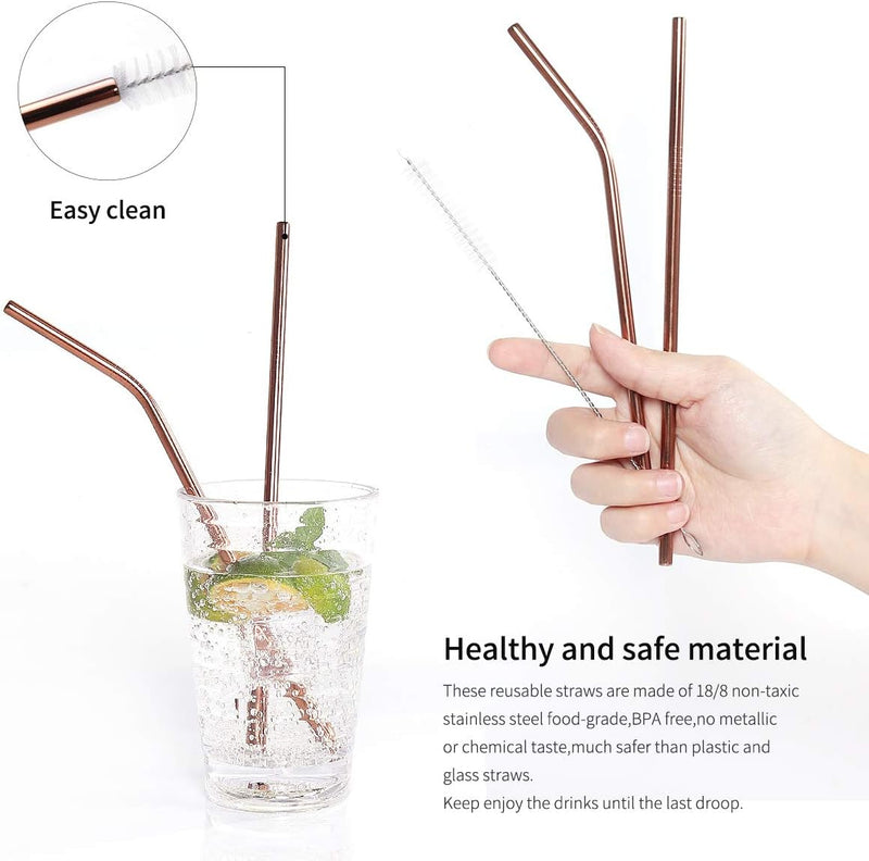 Wiederverwendbare Edelstahlstrohhalme, gebogen, mit Reinigungsbürste, BPA-frei, in Glas.