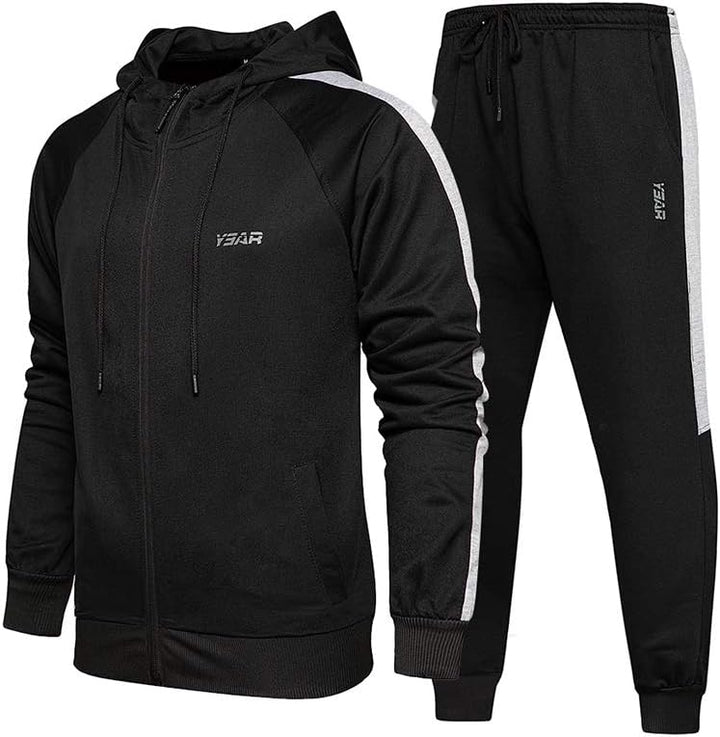 Schwarzer Trainingsanzug Herren, Kapuzenjacke und Jogginghose, Sportbekleidung, Polyester.