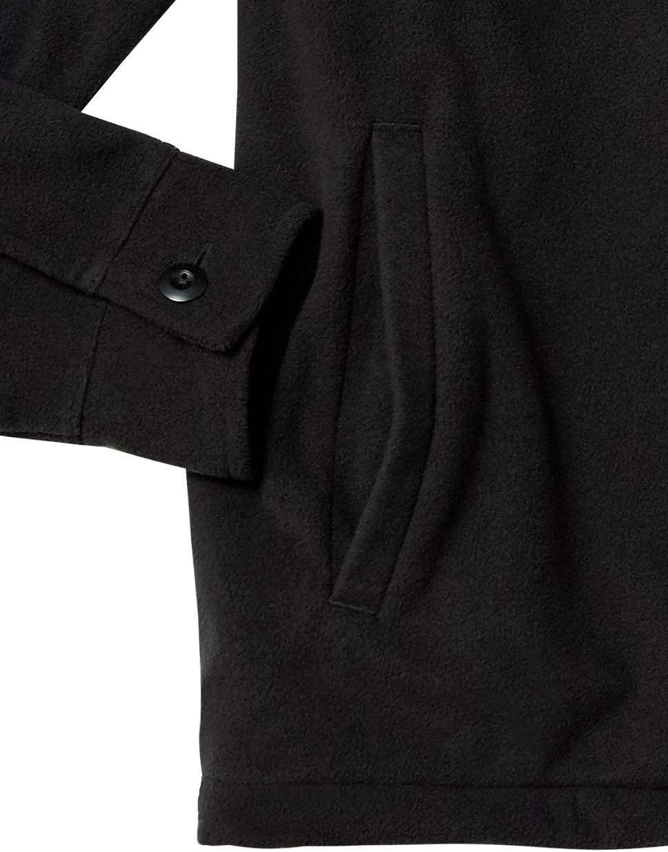 Schwarze Fleecejacke mit Knopfmanschette und Seitentasche, warme Winterbekleidung.