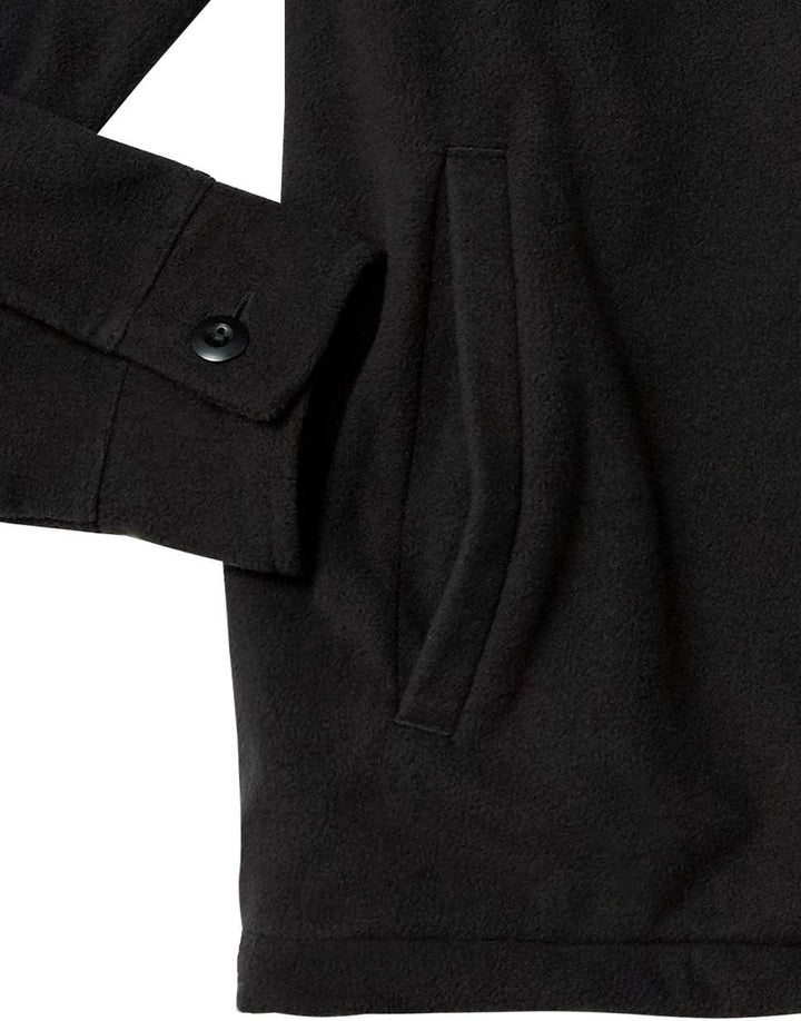 Schwarze Fleecejacke mit Knopfmanschette und Seitentasche, warme Winterbekleidung.