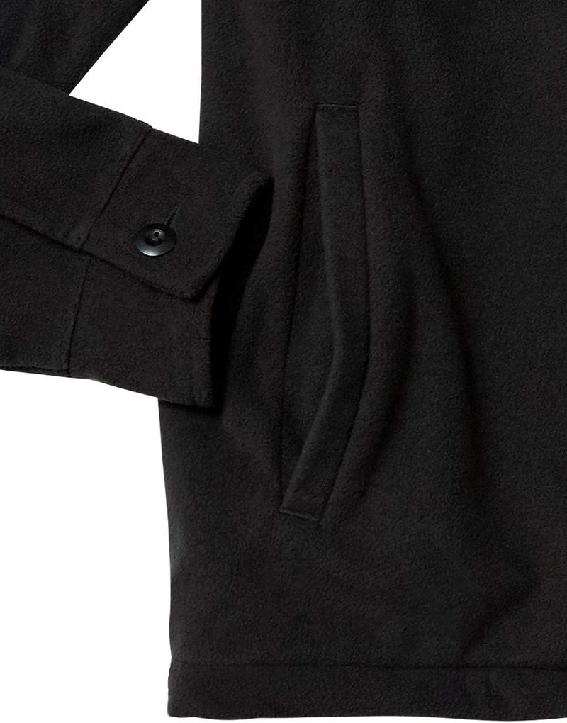 Schwarze Fleecejacke mit Knopfmanschette und Seitentasche, warme Winterbekleidung.