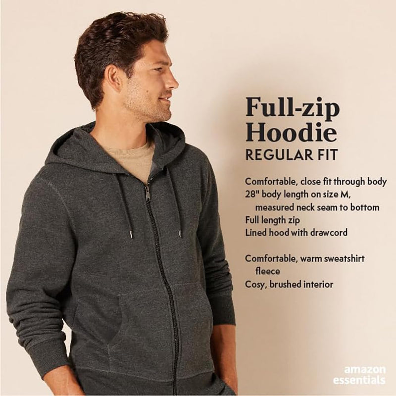 Mann trägt grauen Kapuzenpullover mit Reißverschluss, Regular Fit, weiches Fleece, Amazon Essentials.